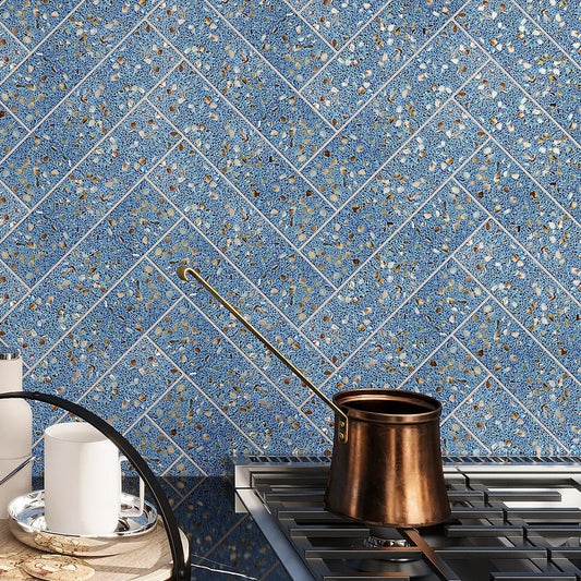 Corazza Ocean Blue Shell and Terrazzo Subway Tile