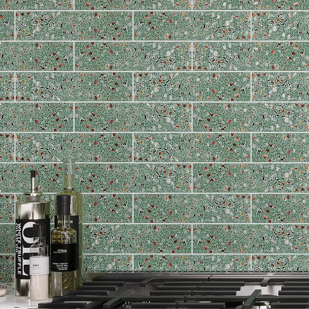 Corazza Tropical Green Shell and Terrazzo Subway Tile