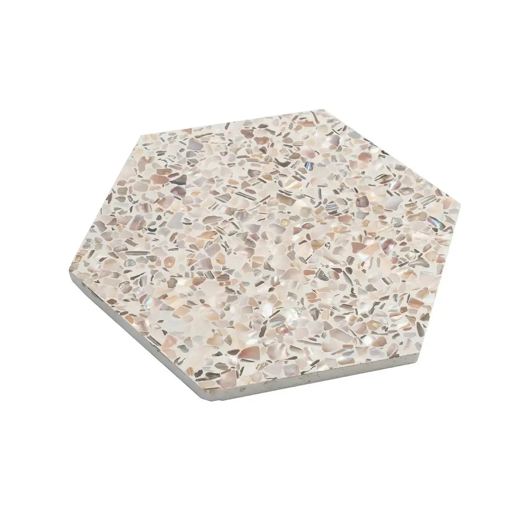 Corazza White Sand Shell and Terrazzo Hexagon Tile | Tile Club