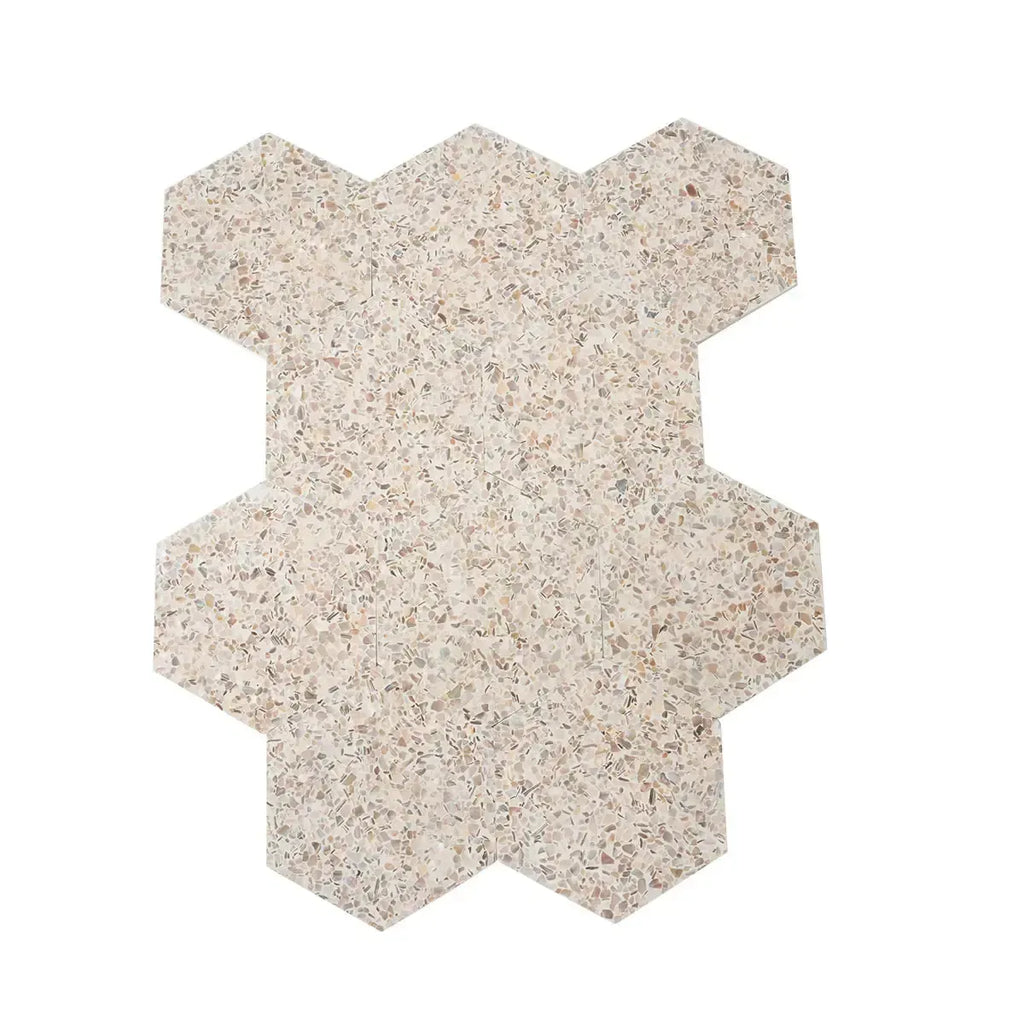 Corazza White Sand Shell and Terrazzo Hexagon Tile | Tile Club