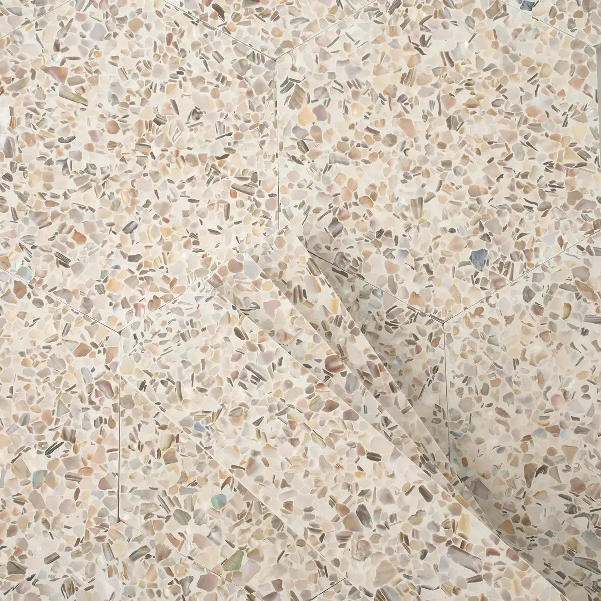 Corazza White Sand Shell and Terrazzo Hexagon Tile | Tile Club