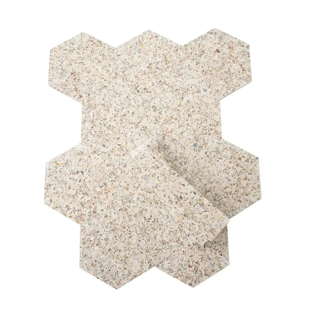 Corazza White Sand Shell and Terrazzo Hexagon Tile | Tile Club
