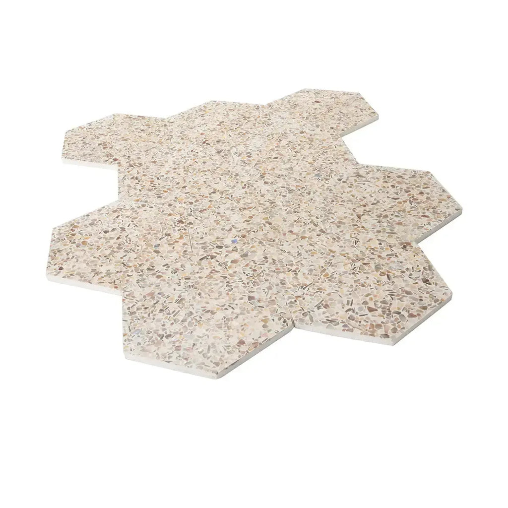 Corazza White Sand Shell and Terrazzo Hexagon Tile | Tile Club