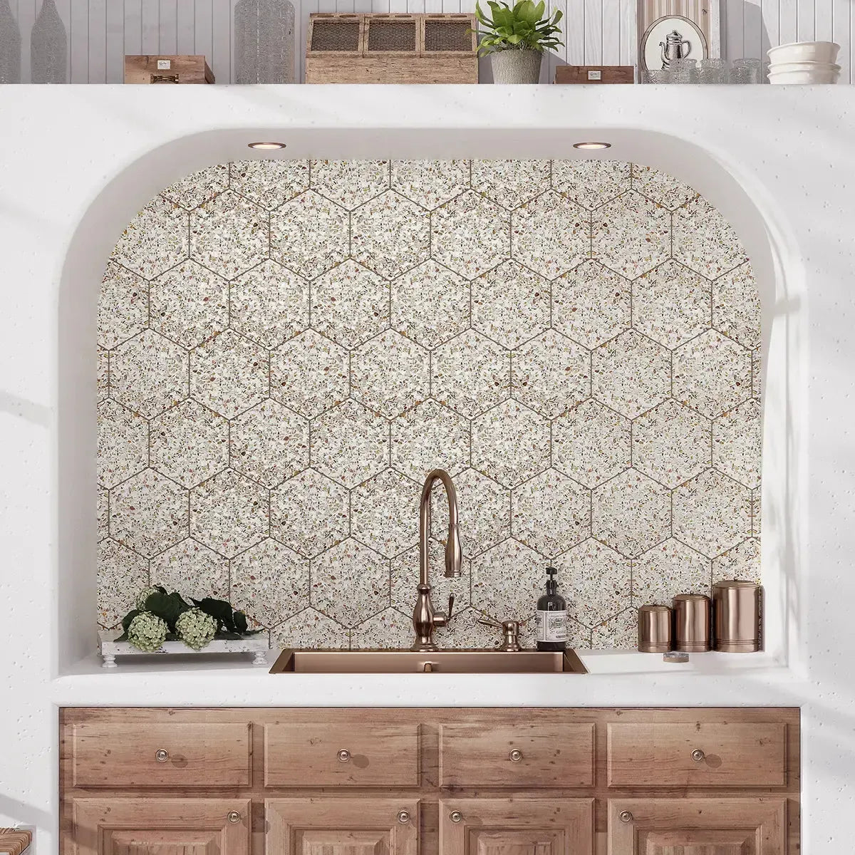 Corazza White Sand Shell and Terrazzo Hexagon Tile | Tile Club