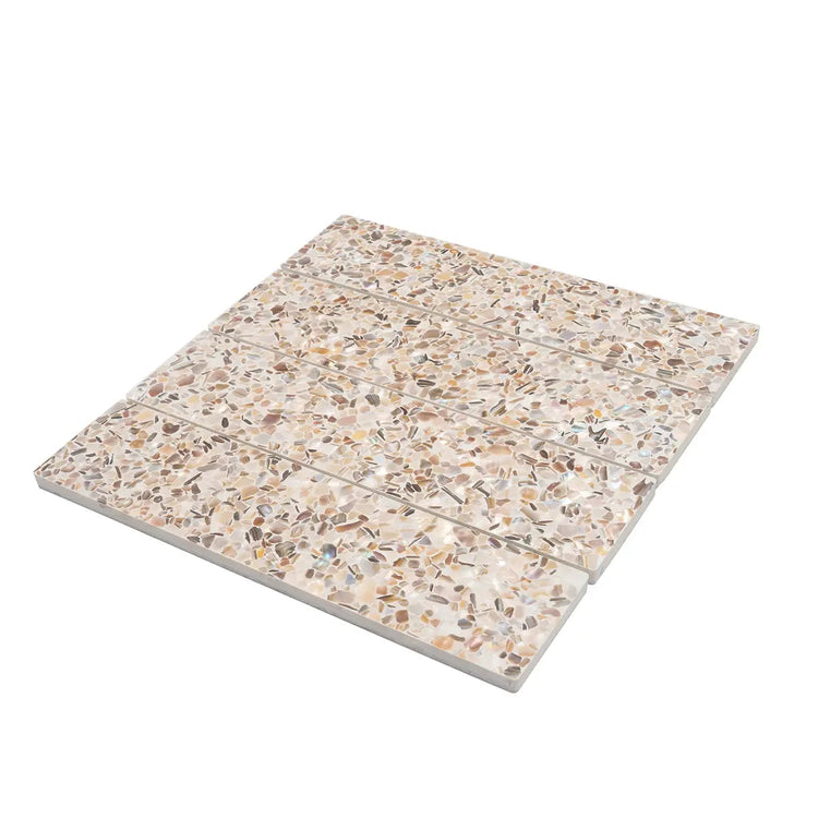 Corazza White Sand Shell and Terrazzo Subway Tile | Tile Club
