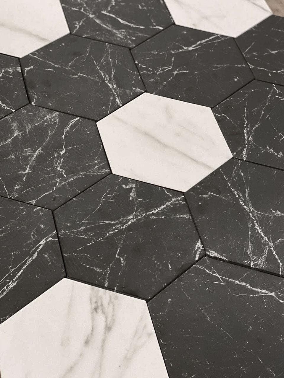 Cosmo Black Marbled Porcelain Hexagon Tile | Tile Club