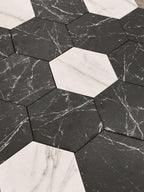 Cosmo Black Marbled Porcelain Hexagon Tile | Tile Club