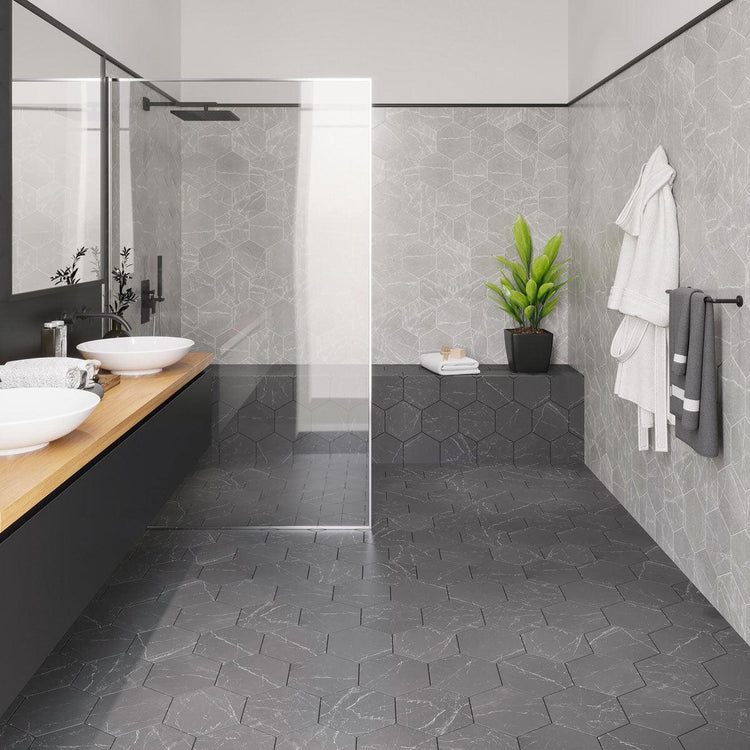 Cosmo Silver Marbled Porcelain Hexagon Tile | Tile Club
