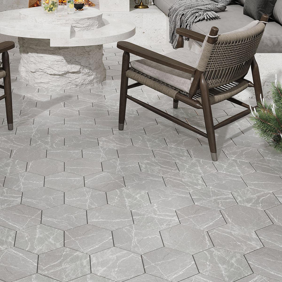 Cosmo Silver Marbled Porcelain Hexagon Tile Patio Floor