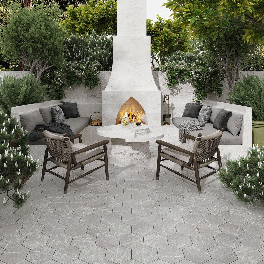 Cosmo Silver Marbled Porcelain Hexagon Tile | Tile Club