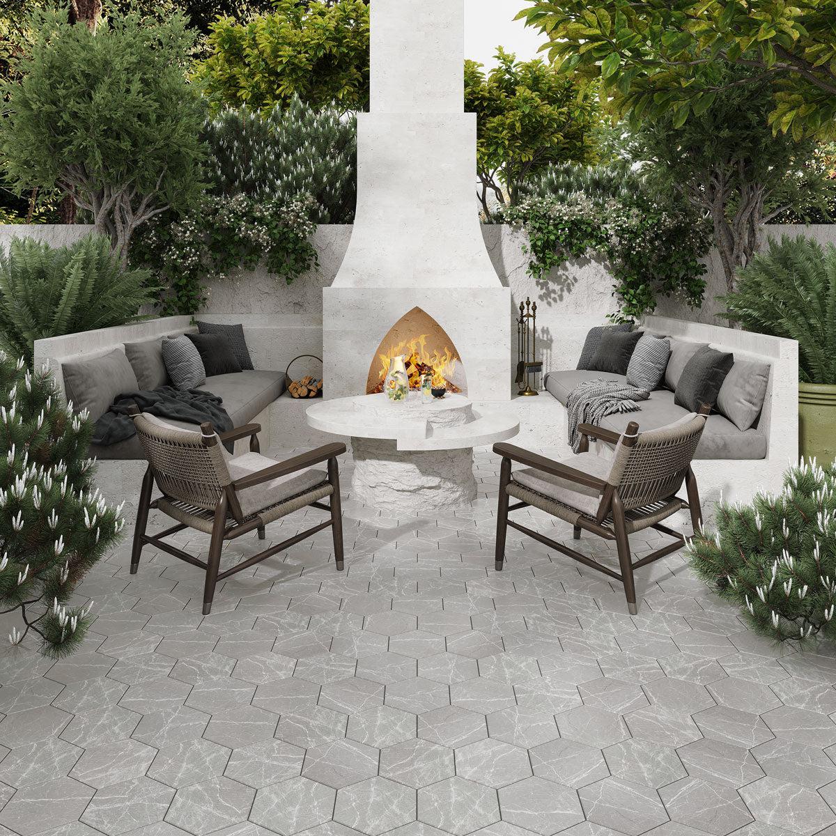 Cosmo Silver Marbled Porcelain Hexagon Tile | Tile Club
