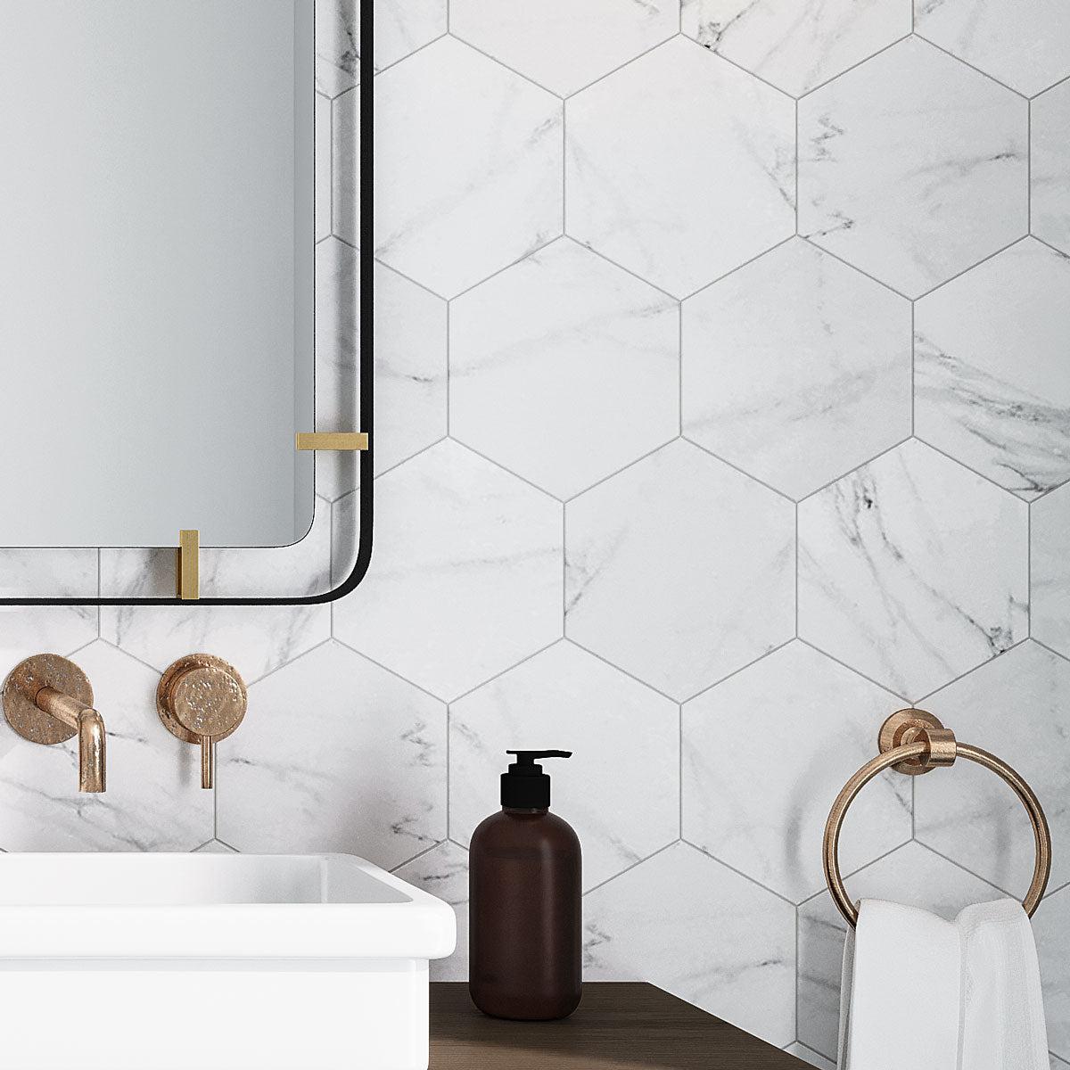Cosmo White Marbled Porcelain Hexagon Bathroom Wall Tile