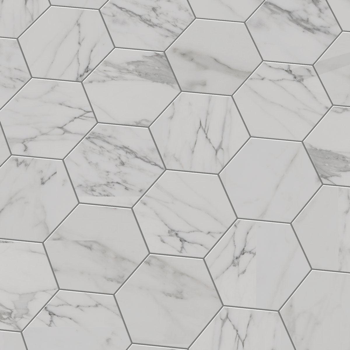 Cosmo White Marbled Porcelain Hexagon Tile | Tile Club
