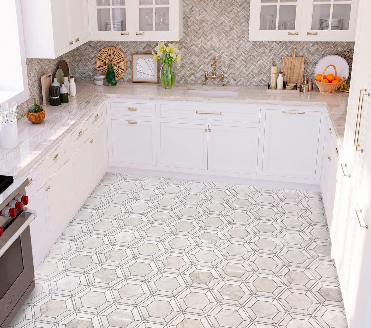 Bright sunny kitchen with Cosmos Hex Marble Mosaic Tile floor