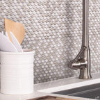 Cream Penny Recycled Glass Mosaic Tile Backsplash Close-up