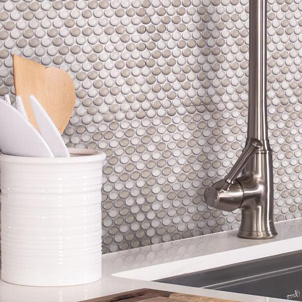 Cream Penny Recycled Glass Mosaic Tile Backsplash Close-up