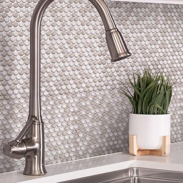 Kitchen Sink with Cream Penny Recycled Glass Mosaic Tile Background