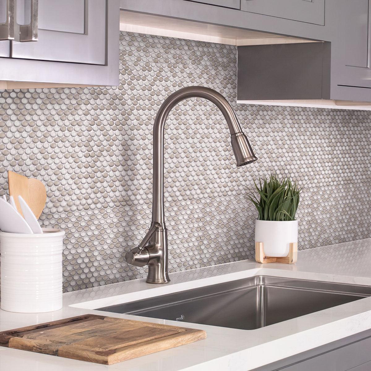 Grey & White Kitchen with Cream Penny Recycled Glass Mosaic Tile Backsplash