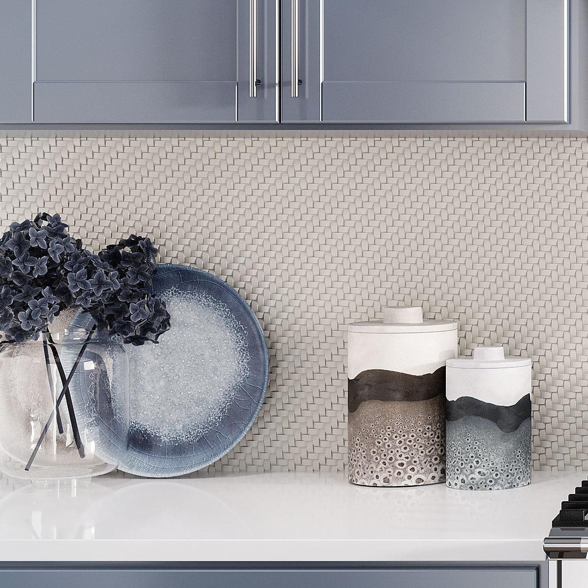 Cream recycled glass basket weave mosaic tile kitchen backsplash and cool gray 