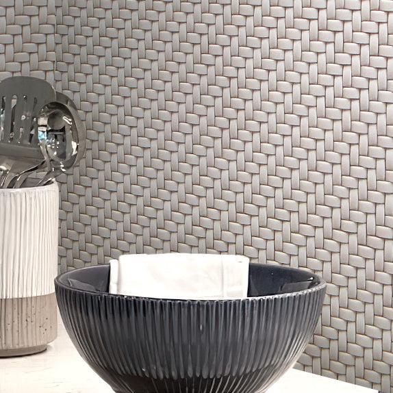 Cream Recycled Glass Basket Weave Mosaic Tile Kitchen Corner with Glass Bowl Close-up