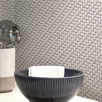 Cream Recycled Glass Basket Weave Mosaic Tile Kitchen Corner with Glass Bowl Close-up