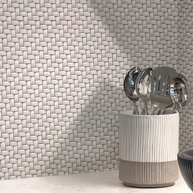 Ceramic Spoon Holder on Background of Cream Recycled Glass Basket Weave Mosaic Tile Wall