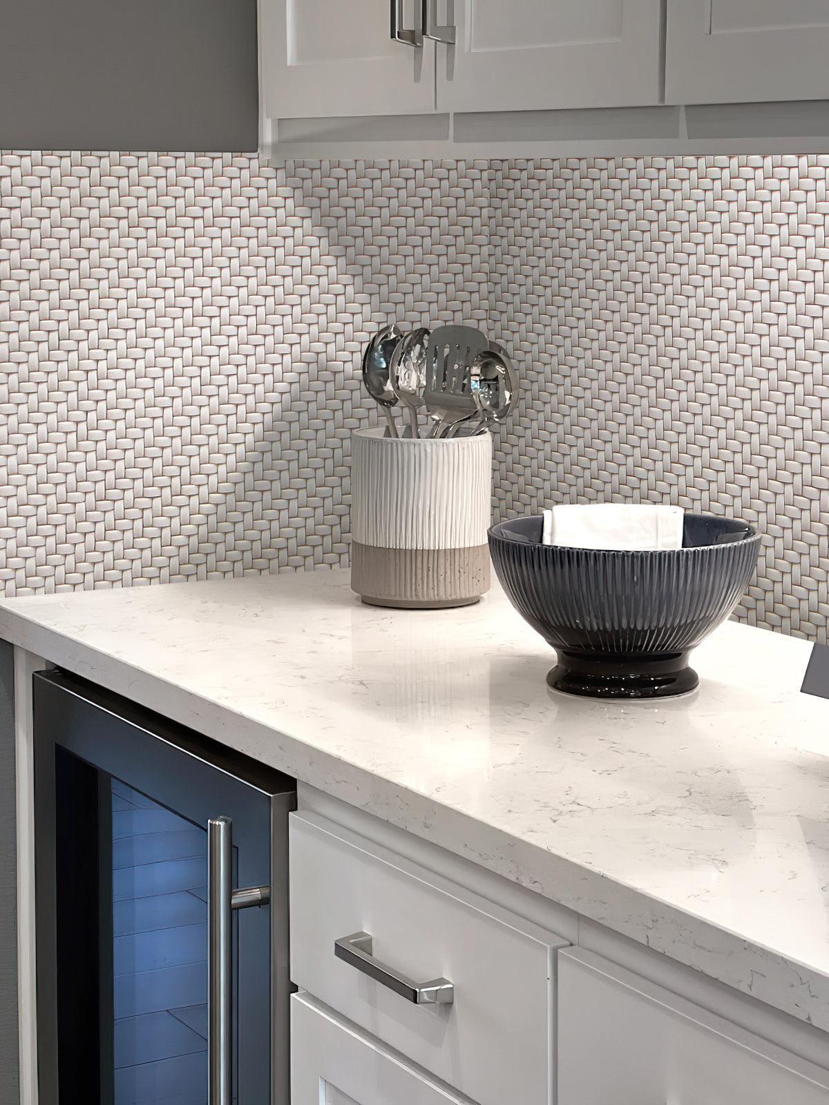 White Kitchen with Cream Recycled Glass Basket Weave Mosaic Backsplash