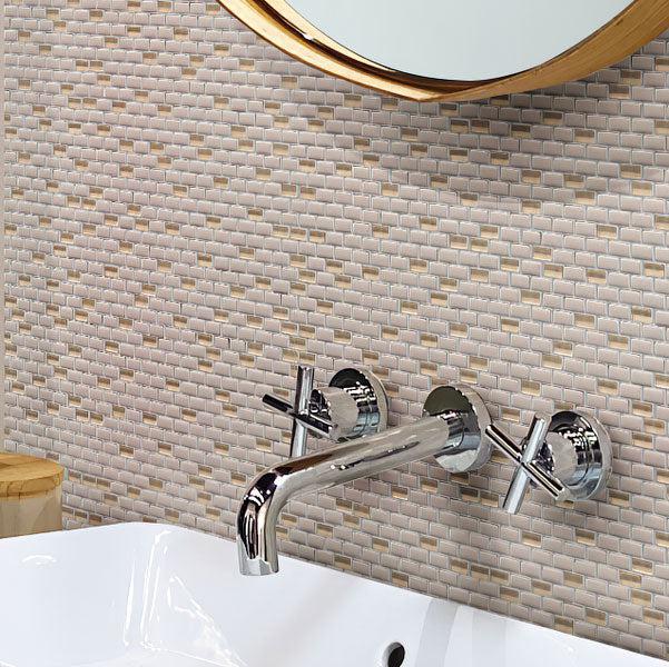 Bathroom Sink on Background of Cream Recycled Glass Brick Mosaic Tile Wall