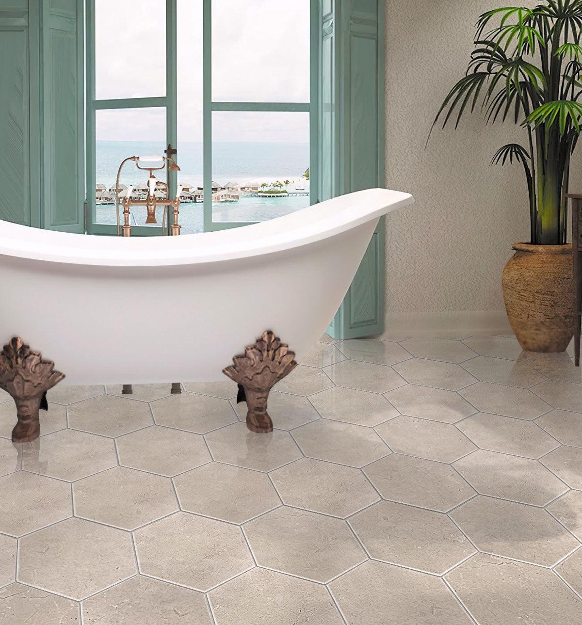 Crema Marfil marble hexagon bathroom floor