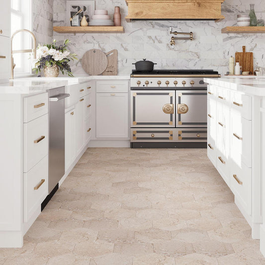 Kitchen Floor with Crema Marfil 10 Inch Hexagon Honed Marble Tiles
