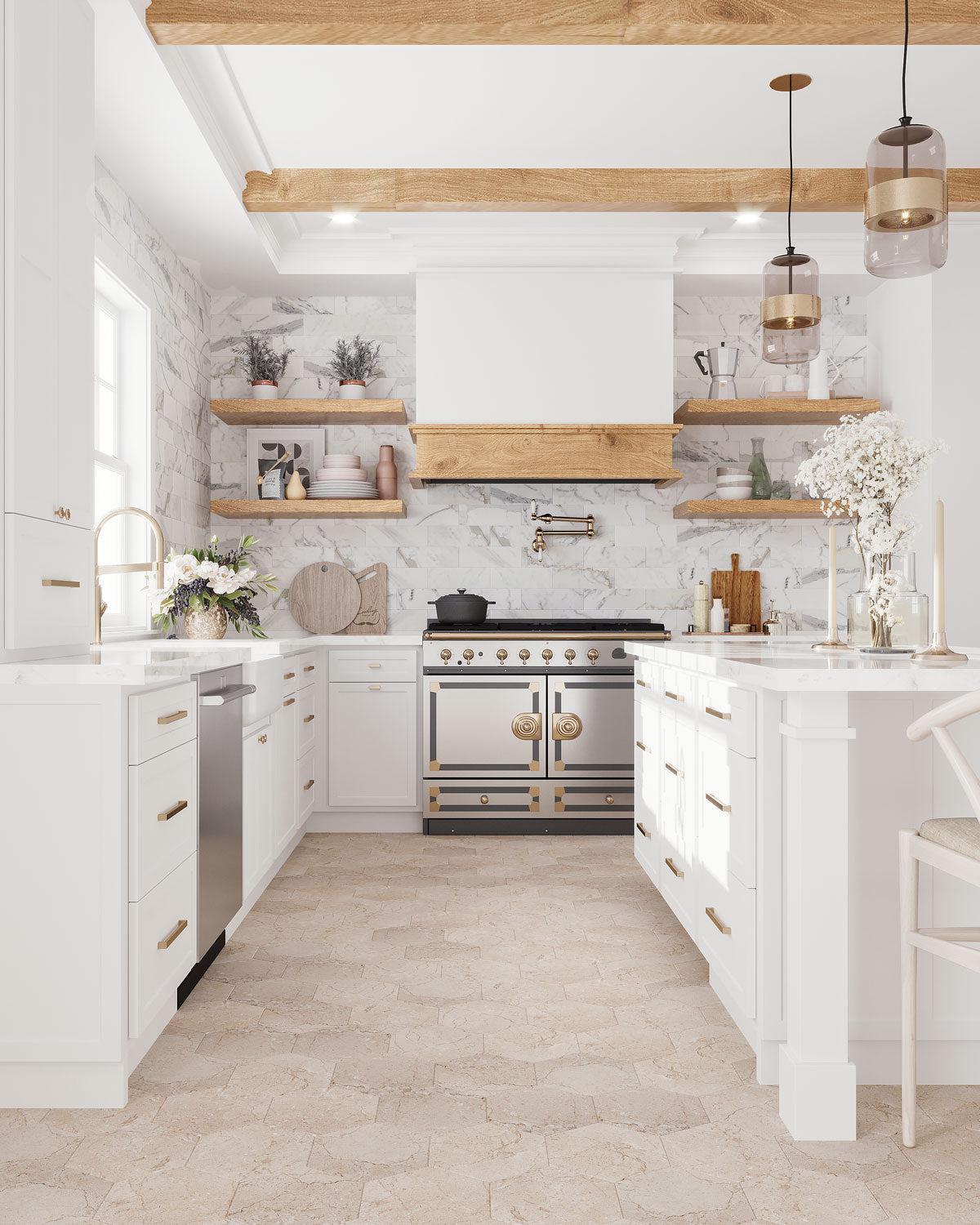 White and Wood kitchen with open shelves and Crema Marfil hexagon floor tiles