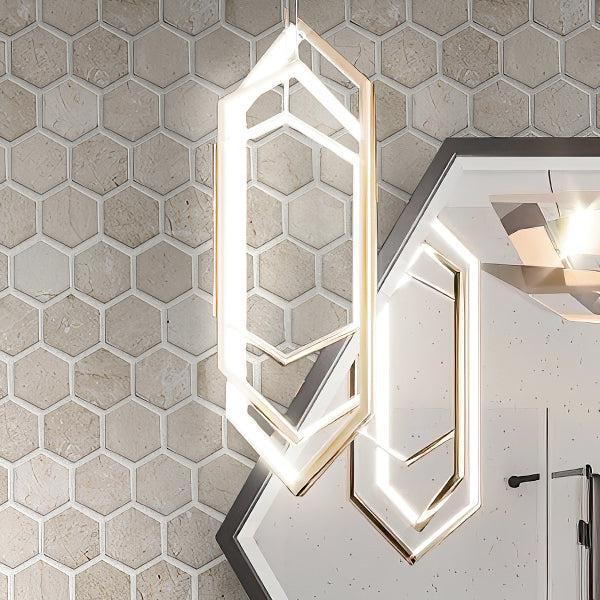 Avant-garde Hexagon Lamp on Background of Crema Marfil 2 Inch Hexagon Honed Marble Mosaic Wall