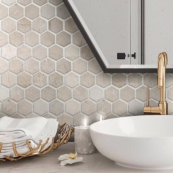 Bathroom Sink Against Crema Marfil Honed Marble Mosaic Tile Backsplash