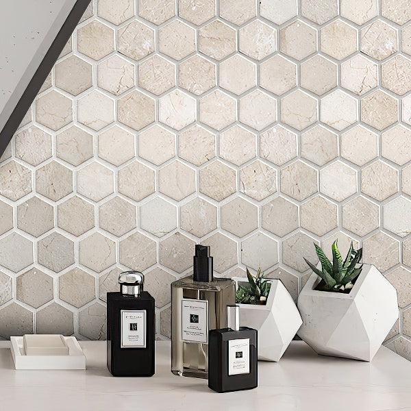Crema Marfil 2 Inch Hexagon Honed Marble Mosaic Tile Backsplash Close-up