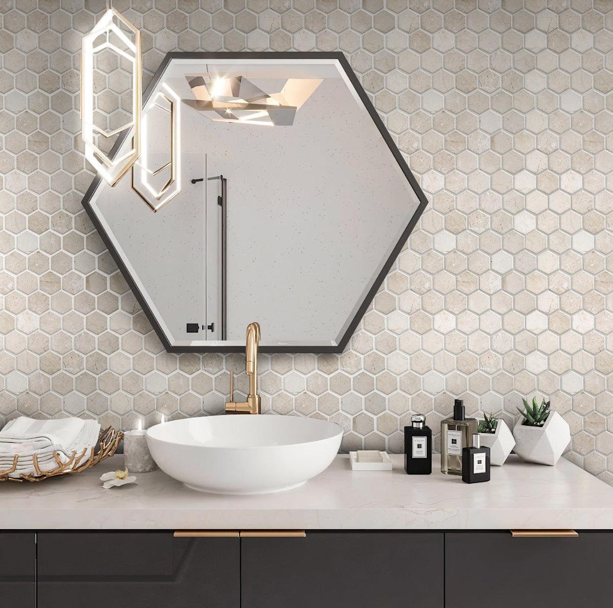 Crema Marfil 2 Inch Hexagon Honed Marble Mosaic Tile Bathroom Backsplash