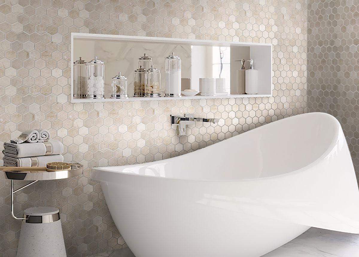 Warm beige marble hexagon bathroom wall tile