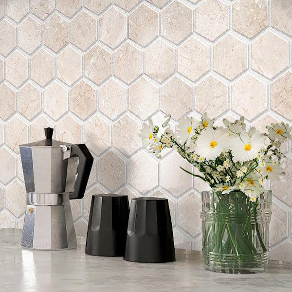 Crema Marfil 2 Inch Hexagon Honed Marble Mosaic Tile Kitchen Wall Close-up