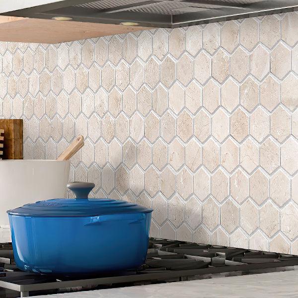 Kitchen Stove on Crema Marfil 2 Inch Hexagon Honed Marble Mosaic