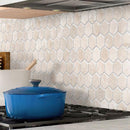 Kitchen Stove on Crema Marfil 2 Inch Hexagon Honed Marble Mosaic