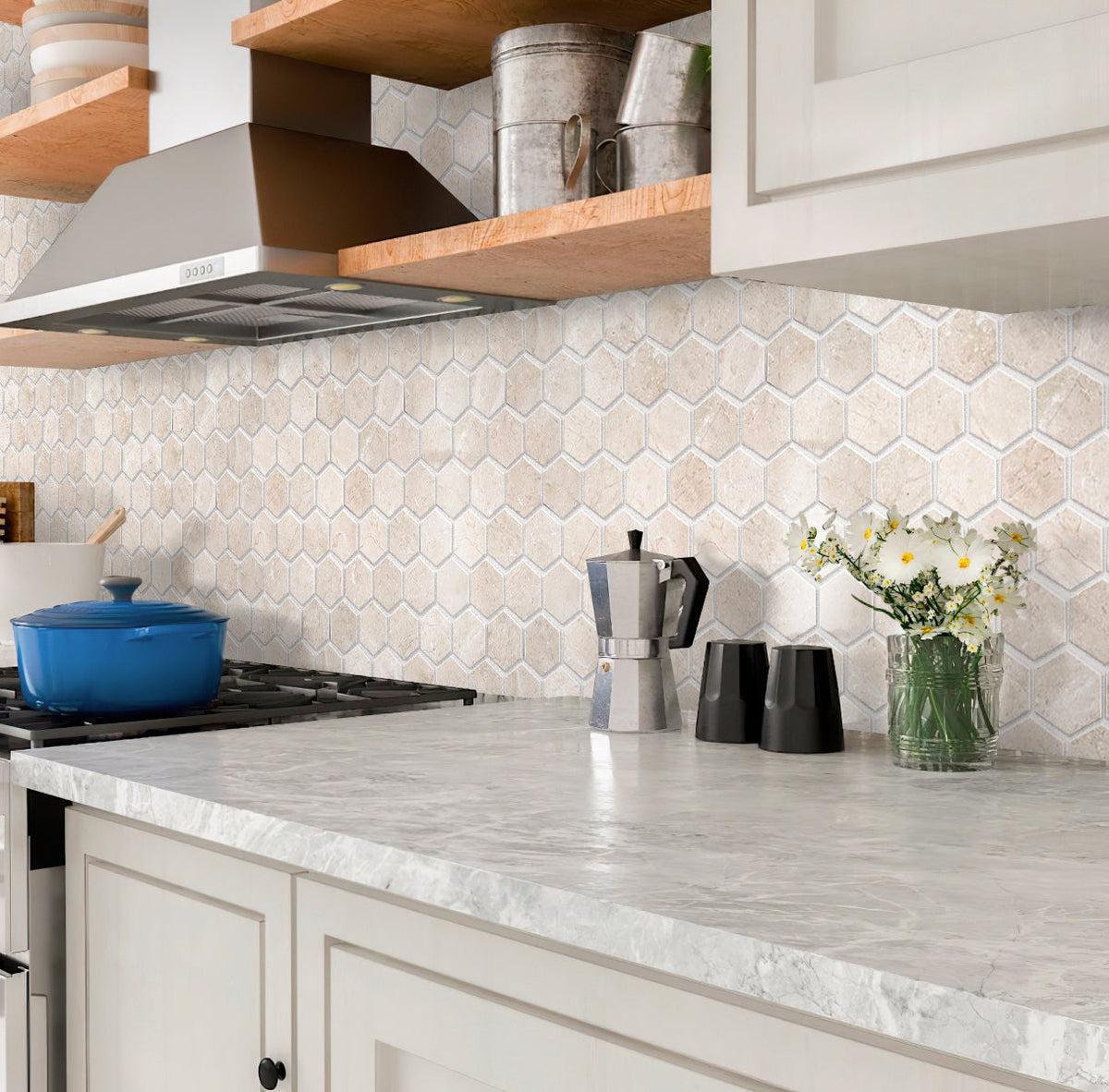 Crema Marfil 2 Inch Hexagon Honed Marble Mosaic Tile Kitchen Backsplash