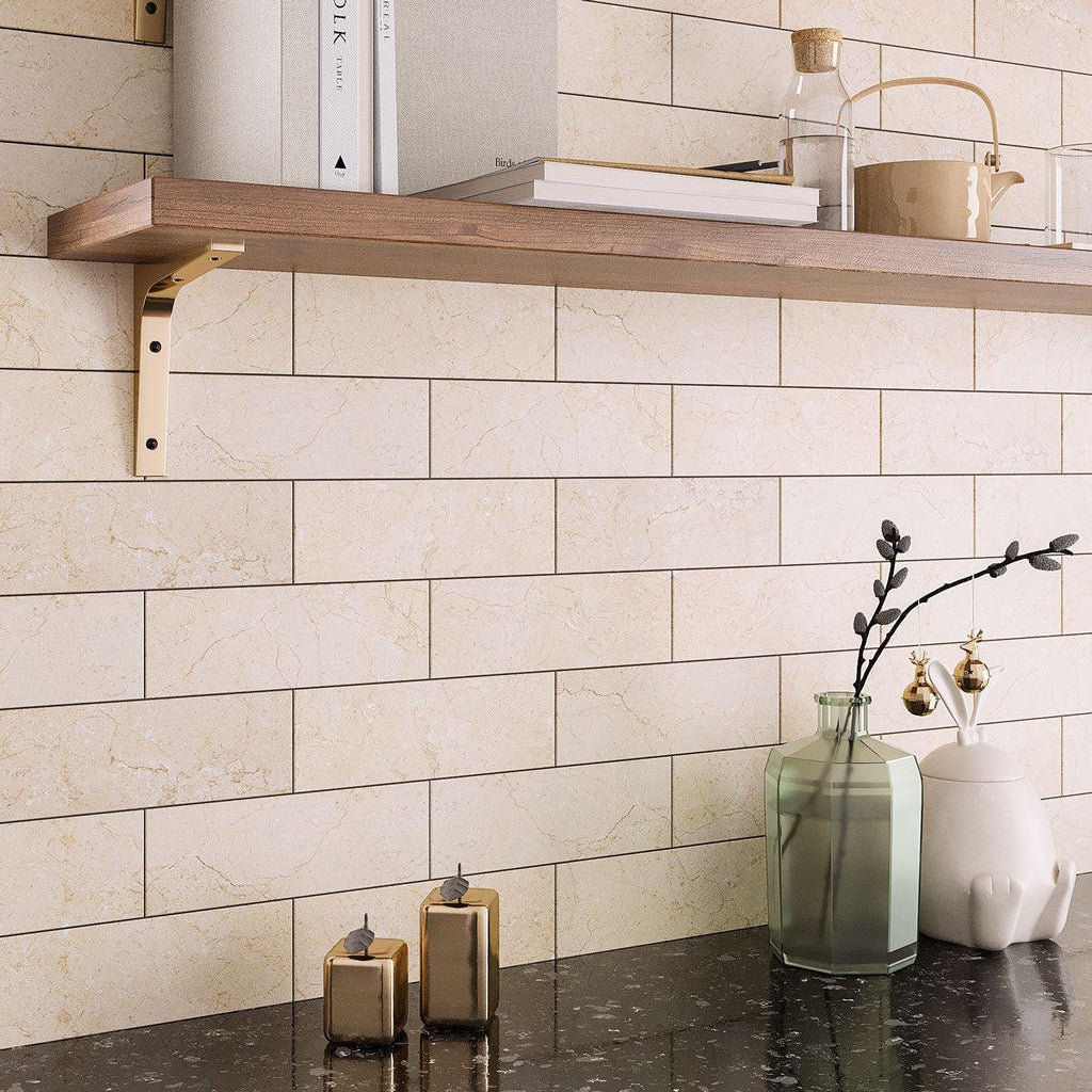 Warm beige marble subway tiles for a kitchen wall