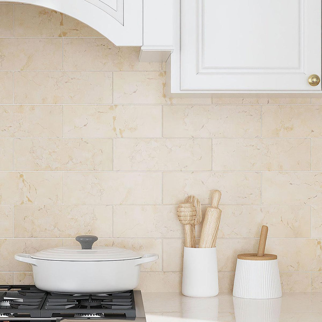 Crema Marfil Marble Subway Tile Kitchen Wall