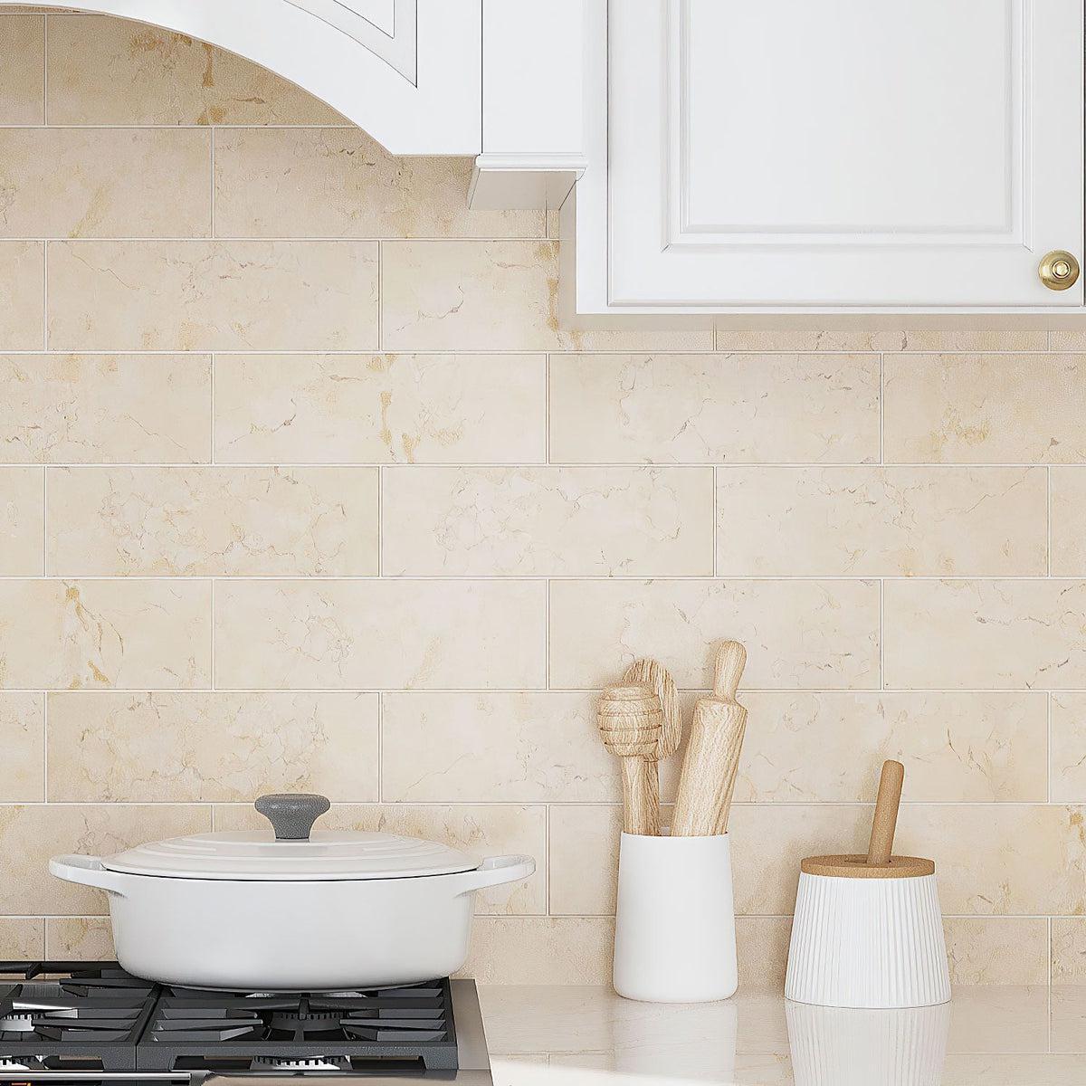 Crema Marfil Marble Subway Tile Kitchen Wall