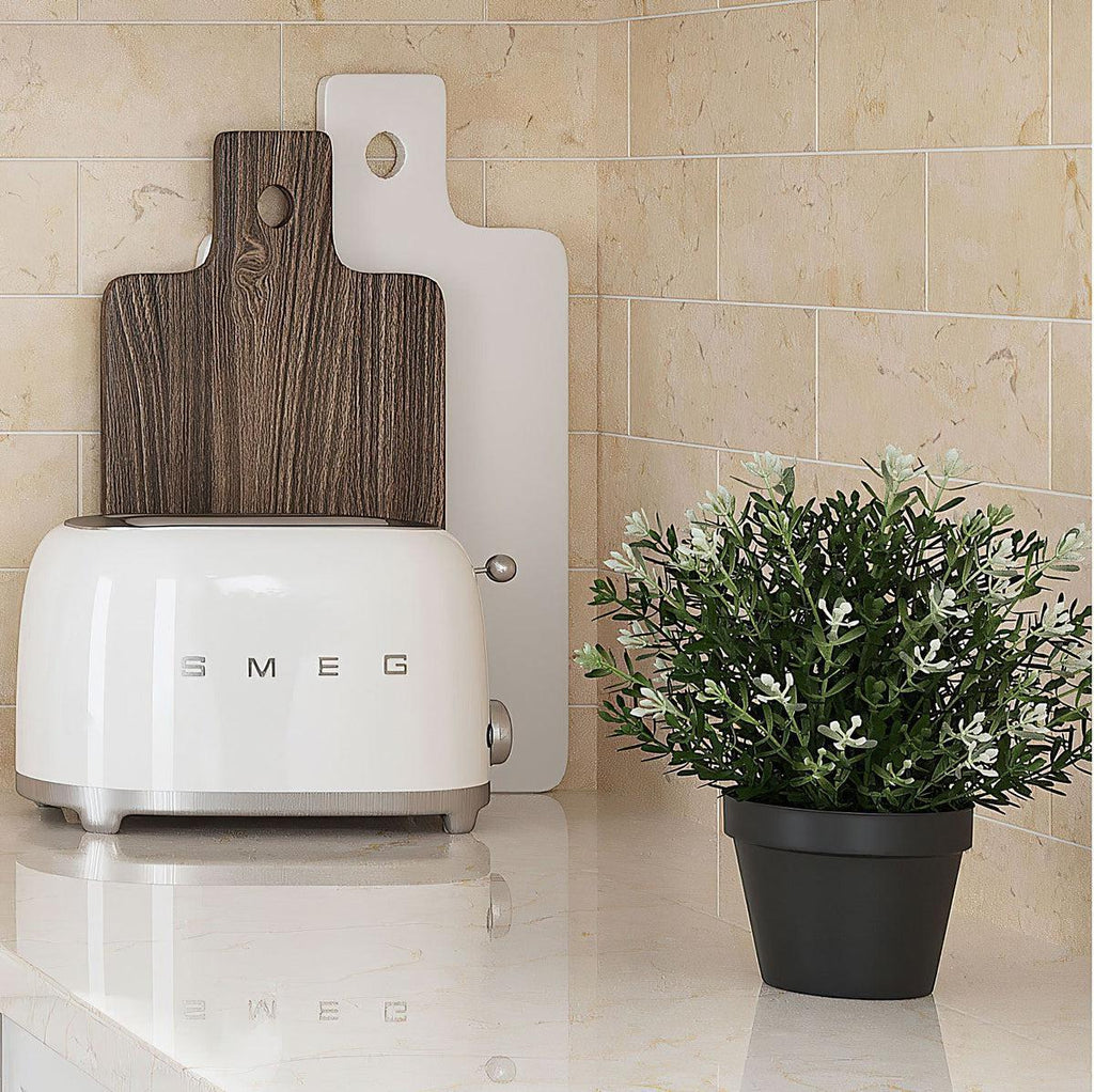 Kitchen Corner with Crema Marfil Marble Subway Tile Backsplash