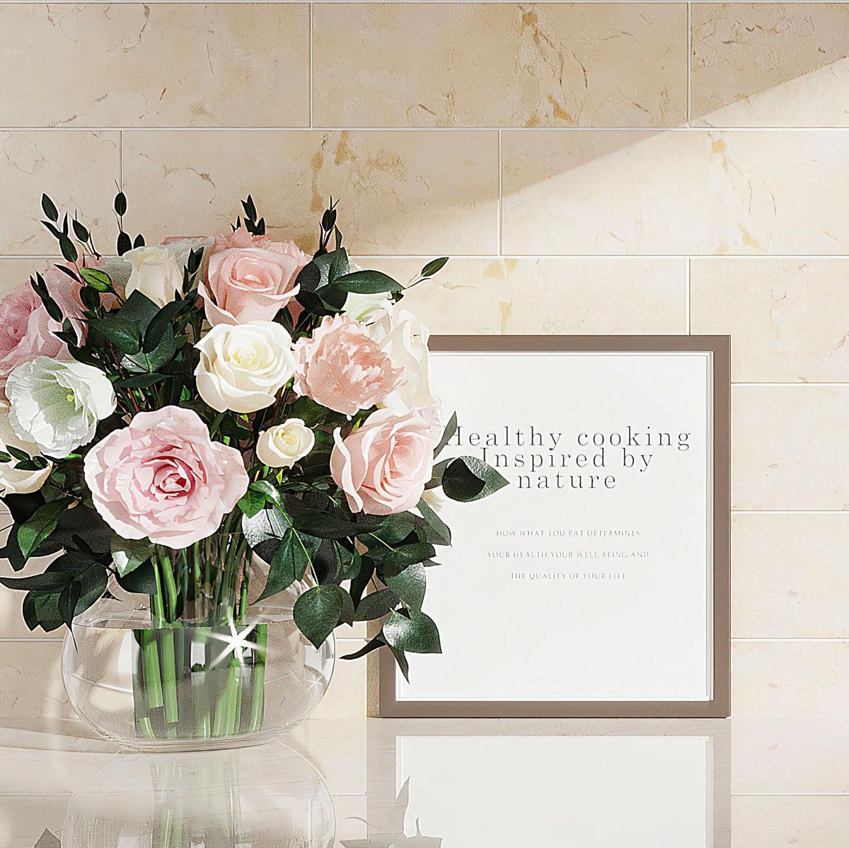 Flowers in a Vase on background of Crema Marfil Marble Subway Tile Backsplash in Sunlight