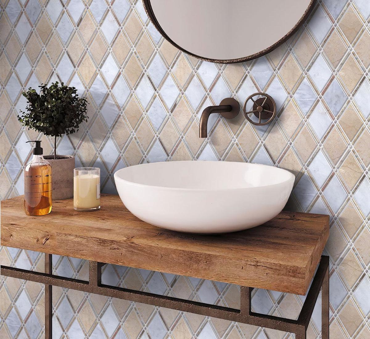 Crema Marfil And Carrara Diamond Marble Mosaic Tile bathroom backsplash