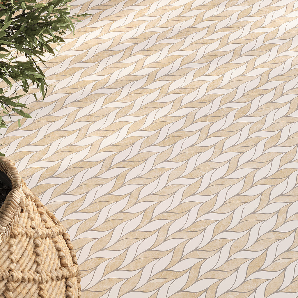 Crema Marfil and Thassos Leaves Marble Mosaic Tile | Tile Club