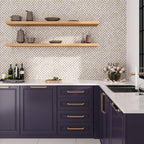 Tan marble basketweave kitchen tile