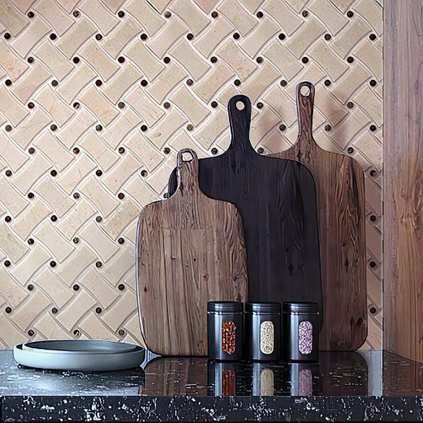 Cutting Board on Background of Crema Marfil Curved Basket Weave Marble Mosaic Wall
