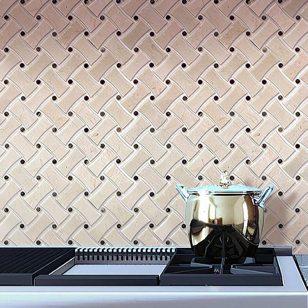 Crema Marfil Curved Basket Weave Marble Mosaic Tile behind Kitchen Stove